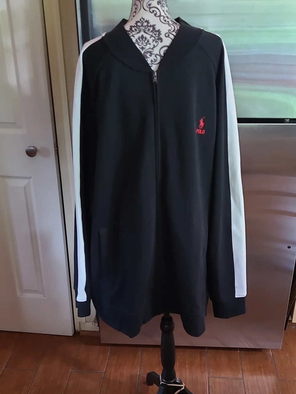 Polo by Ralph Lauren Black Track Jacket with White Sleeve Stripes and Red Logo